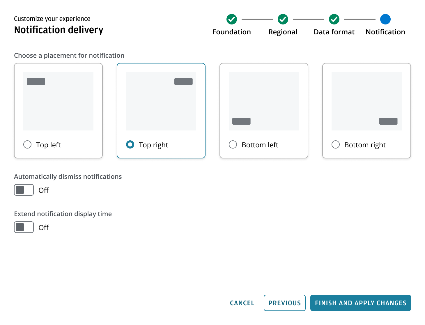 Card selection example for notification placement options