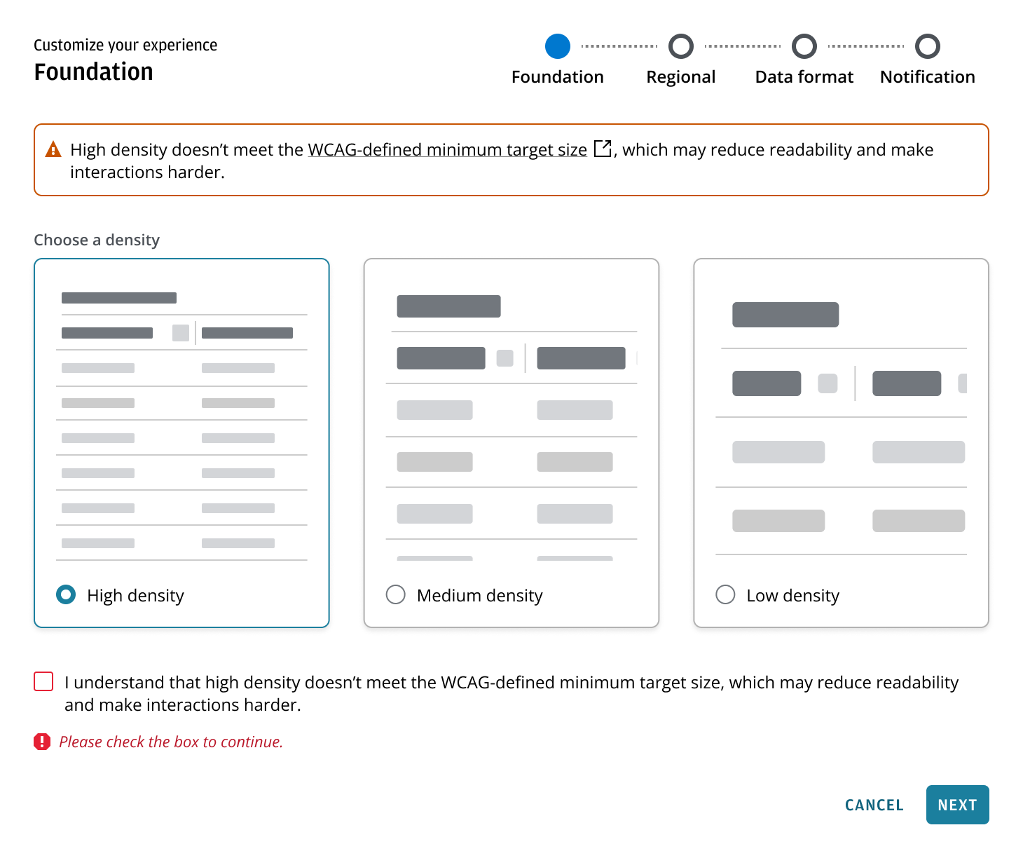 Guidance and acknowledgement flow for accessibility-impacting choices