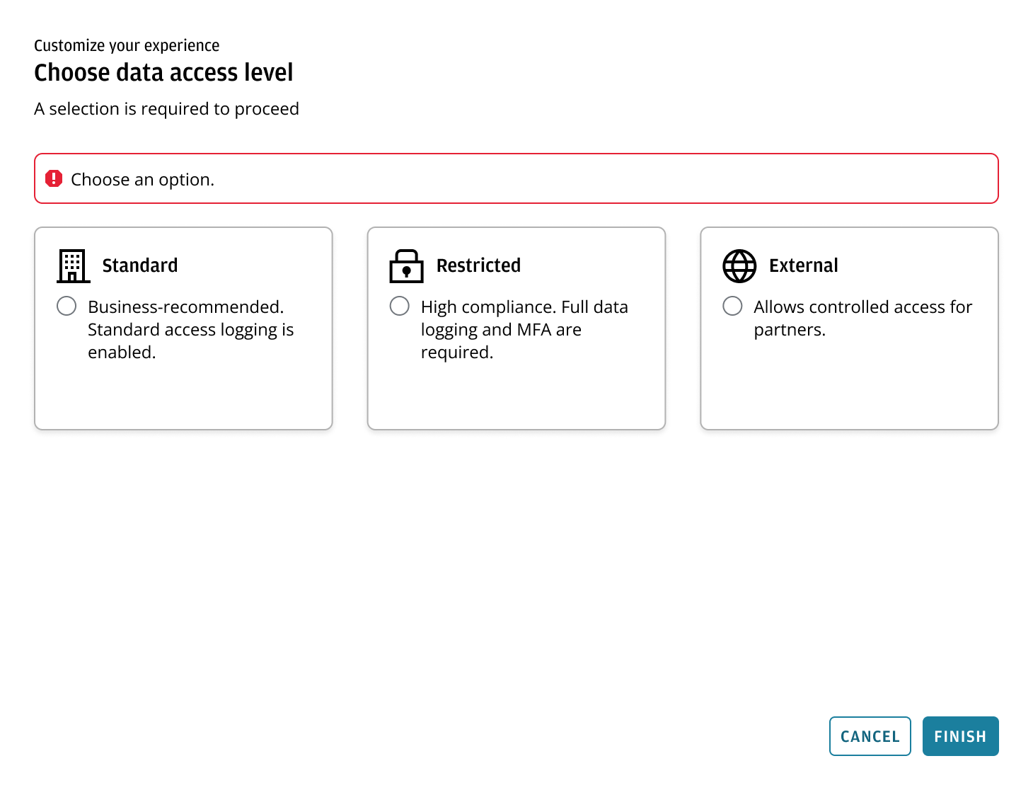 Mandatory configuration step requiring a selection before continuing