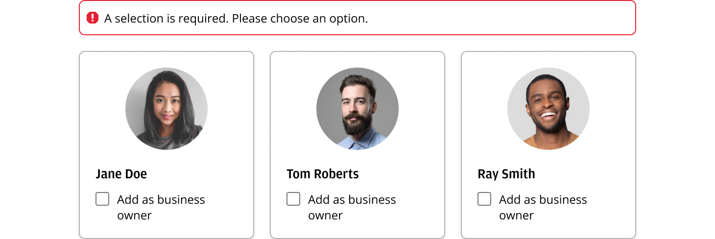 Selection required error above three unselected profile cards.