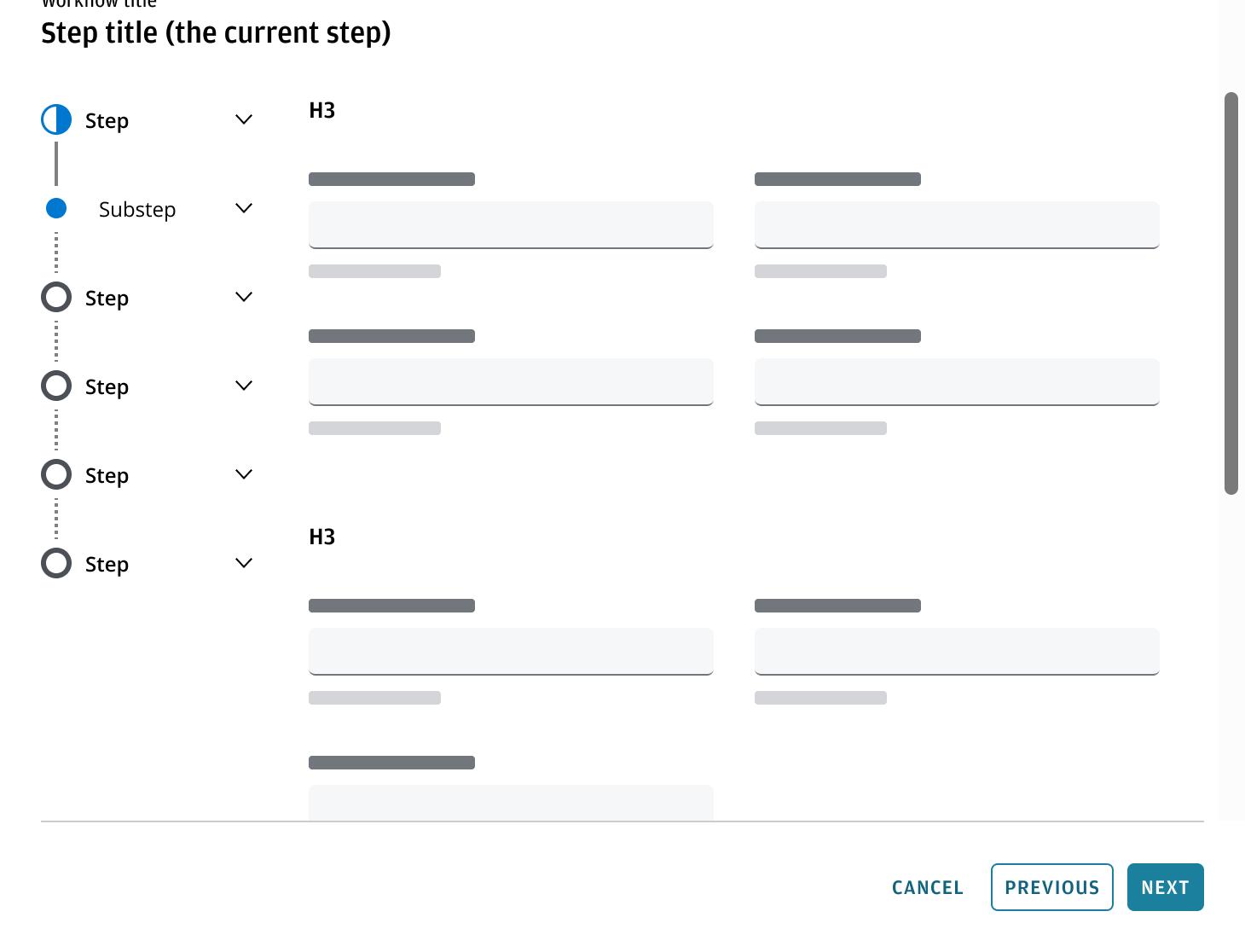 Content area scrolling in a wizard with vertical stepper, showing fixed button bar