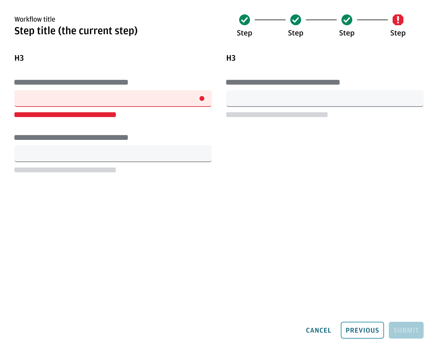 Wizard stepper displaying an error validation state
